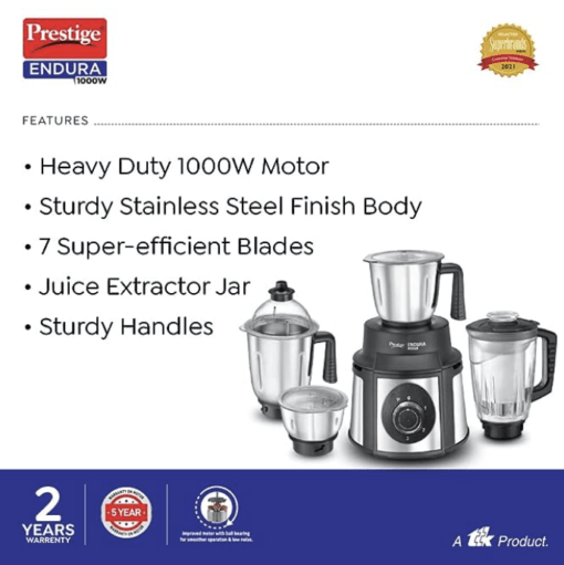 Prestige Endura 1000W Mixer Grinder with Ball Bearing Technology(Stainless Steel 4 Jars, Black & Silver) - Image 3